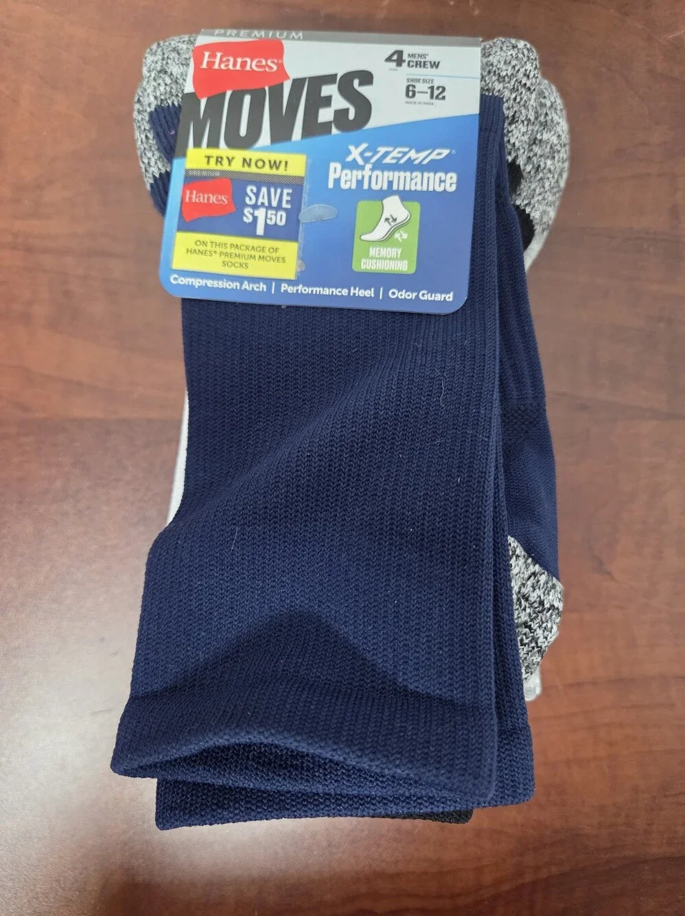 Hanes Premium Men's Athletic Crew Socks - Navy & Heather Gray (4-Pack) Nwt